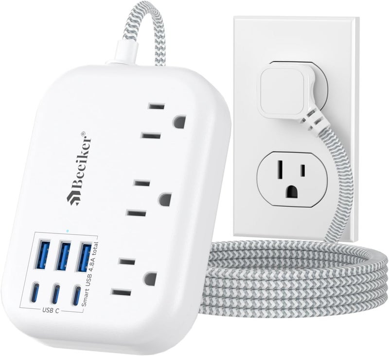 Beeiker 6 USB(3 USB C) Power Strip- Travel Power Strip with 6 USB Desktop Charging Station 24W/4.8A and 3 Outlets, 5Ft Flat Plug Braided Extension Cord, Non Surge Protector for Cruise Ship Travel Office Dorm - Image 1